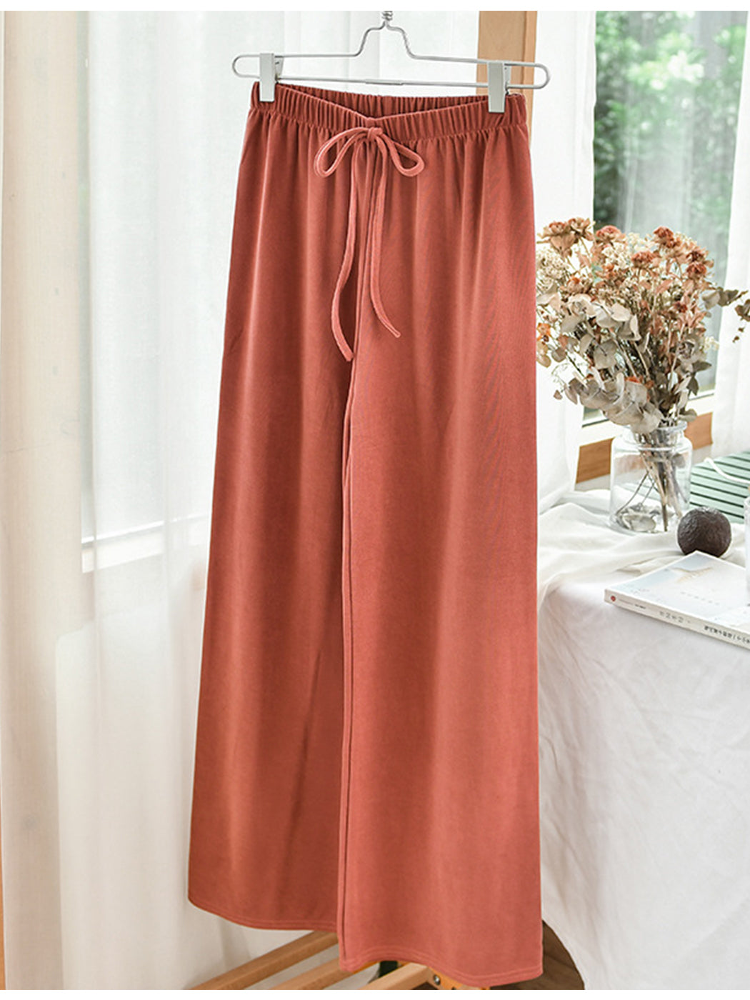 High Waist Drawstring Cotton Wide Leg Pants