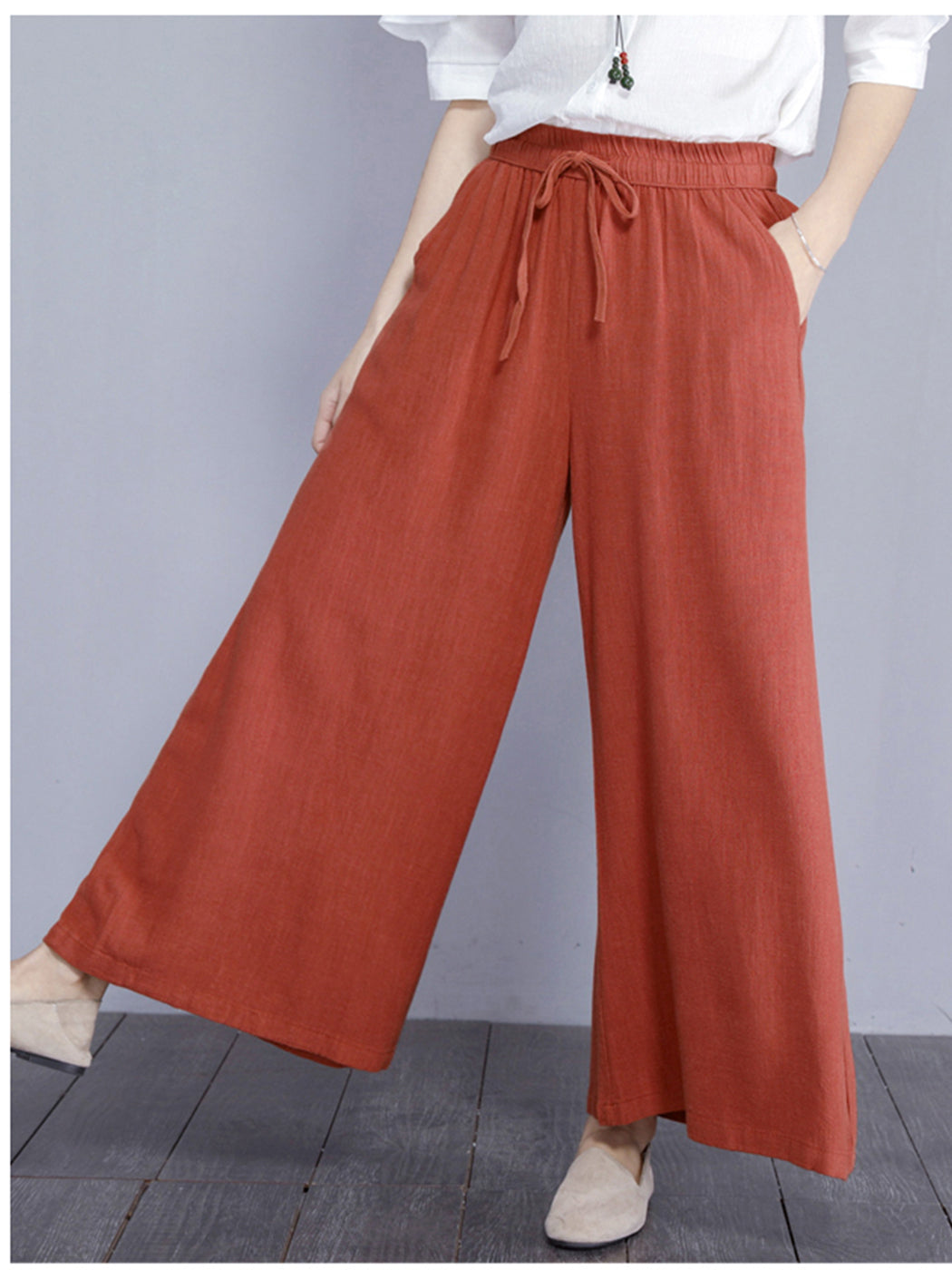 High Waist Drawstring Cotton Wide Leg Pants