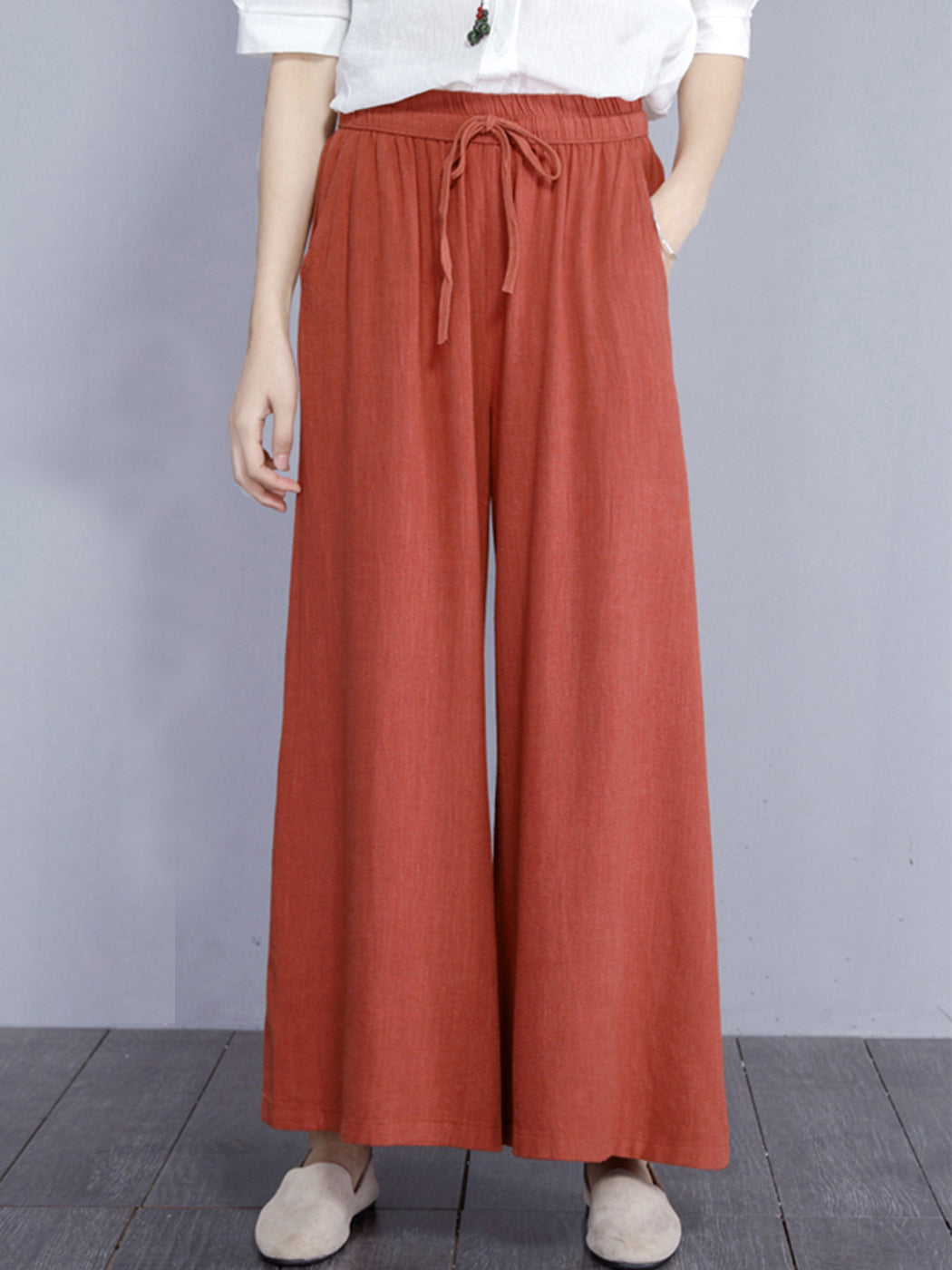 High Waist Drawstring Cotton Wide Leg Pants