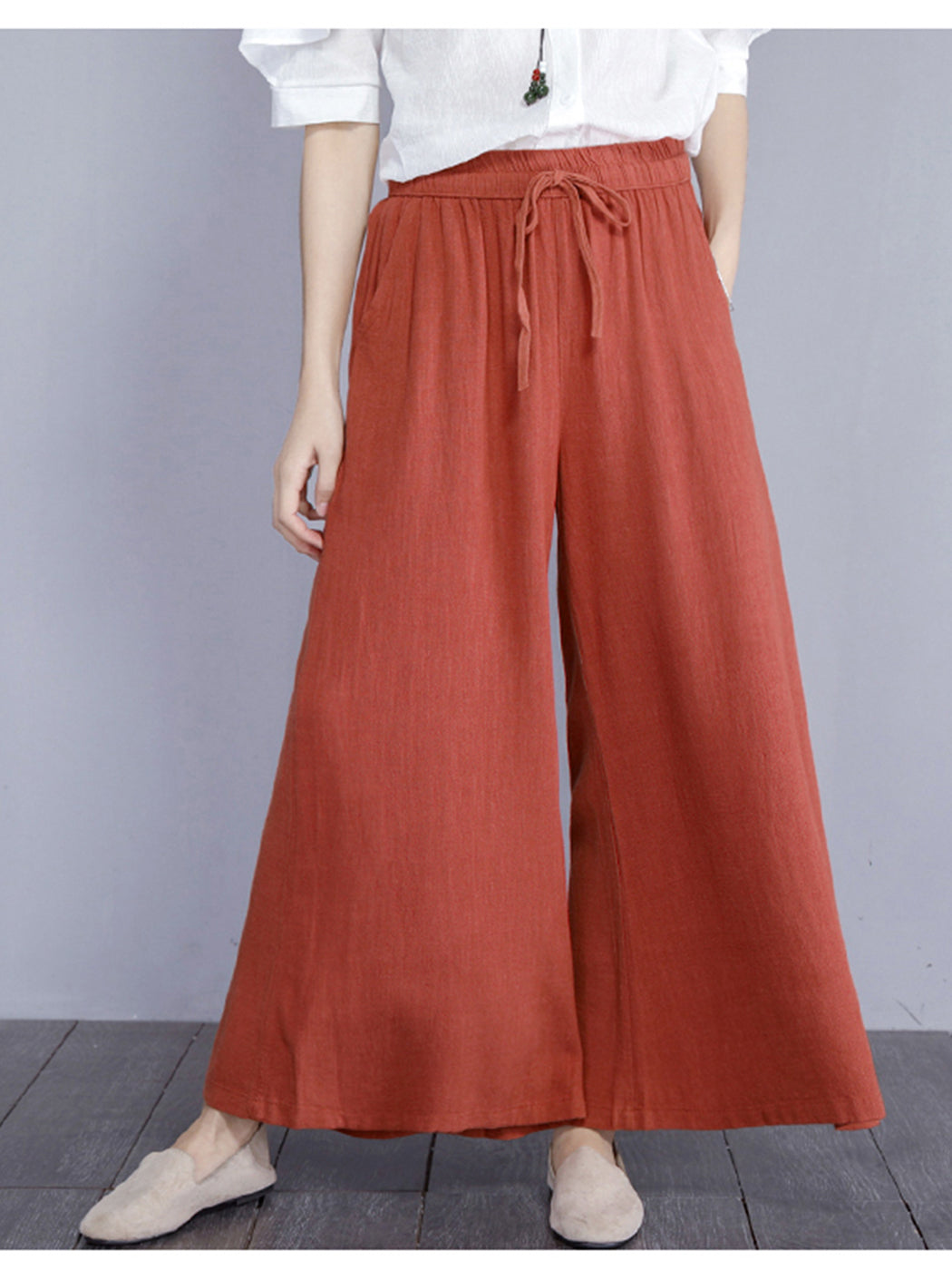 High Waist Drawstring Cotton Wide Leg Pants