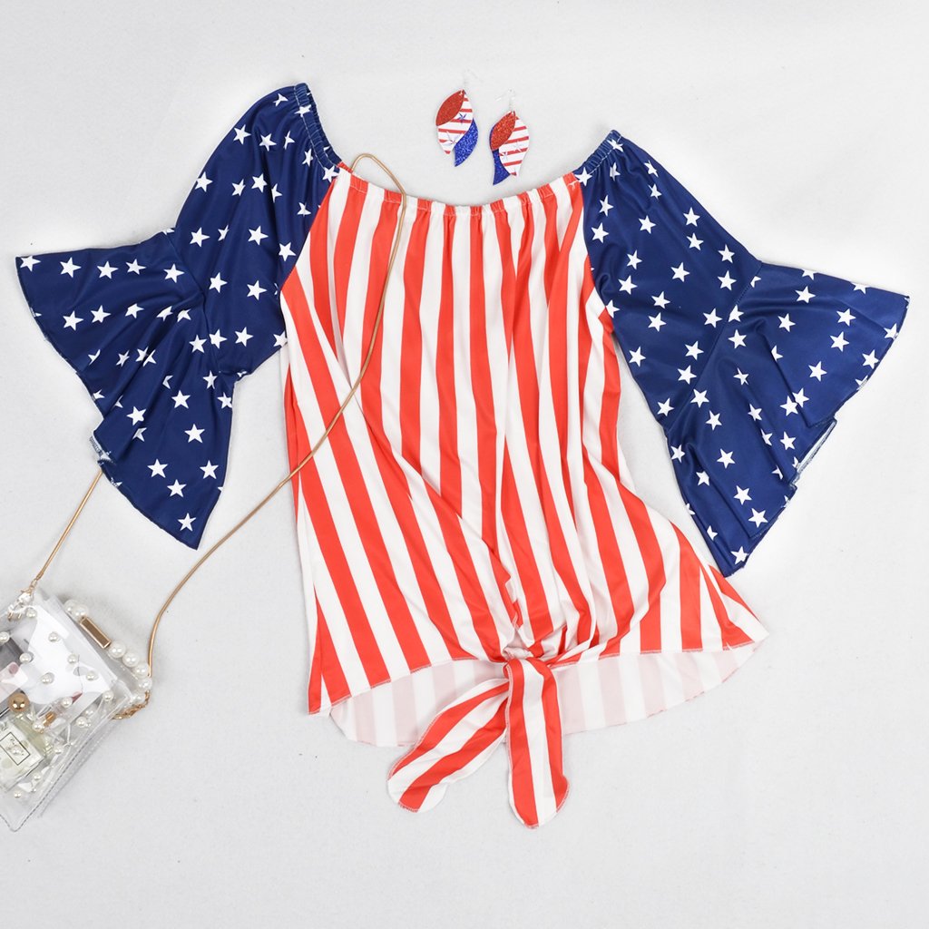 Trumpet Sleeve Tie-Front American Flag Blouse