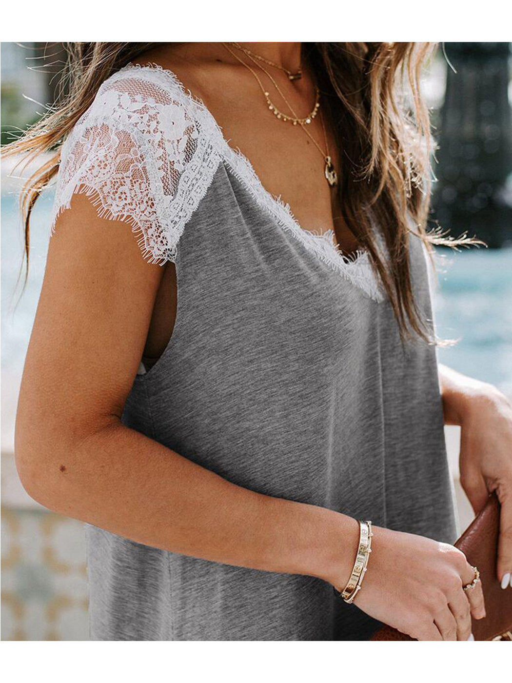 Casual Loose Short Sleeve Lace V Neck Tee