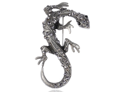 Antique Silver Grey Vintage Gothic Gecko Lizard Long Brooch Pin
