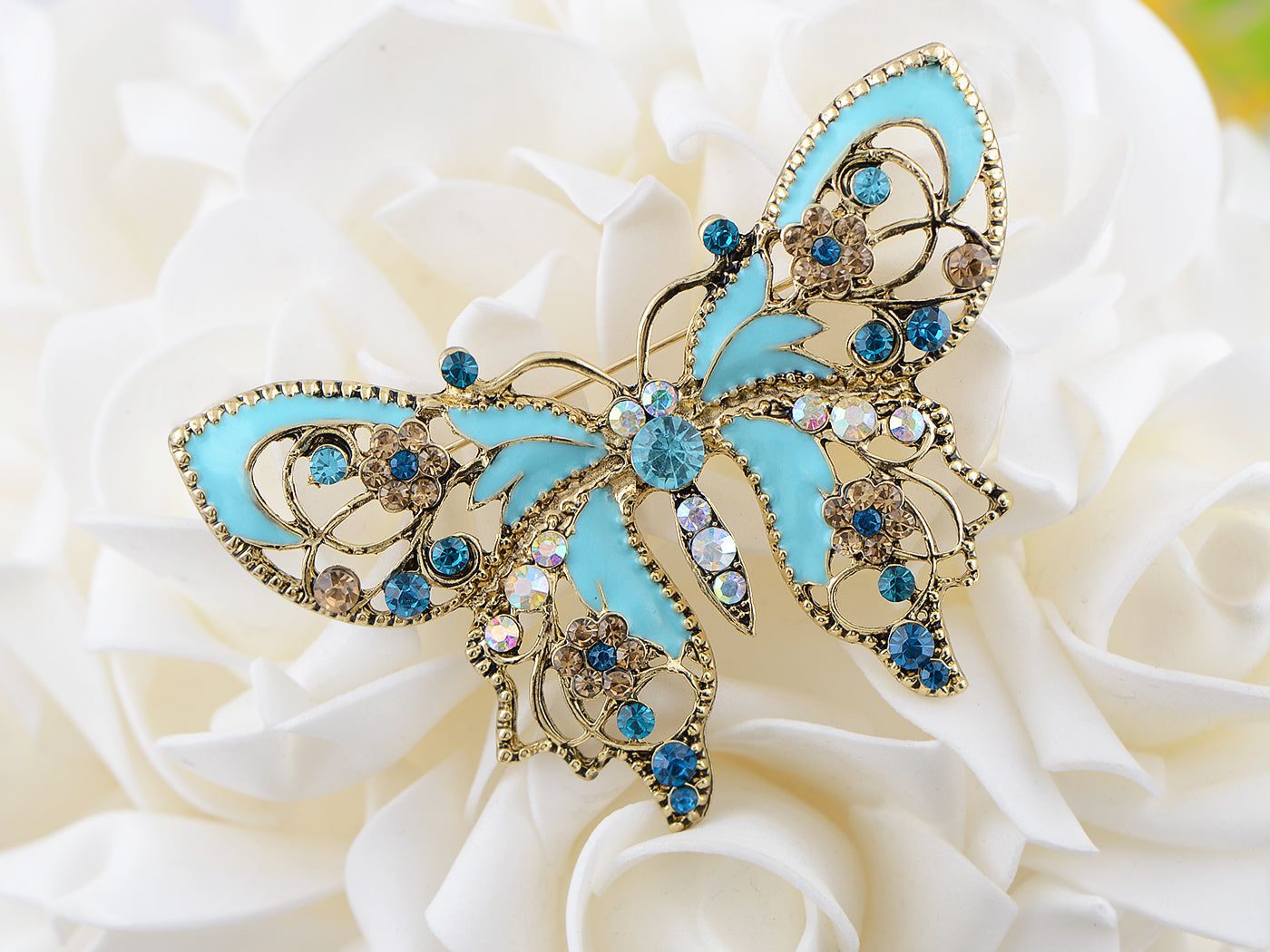 Antique Aquamarine Blue Colored Butterfly Brooch Pin