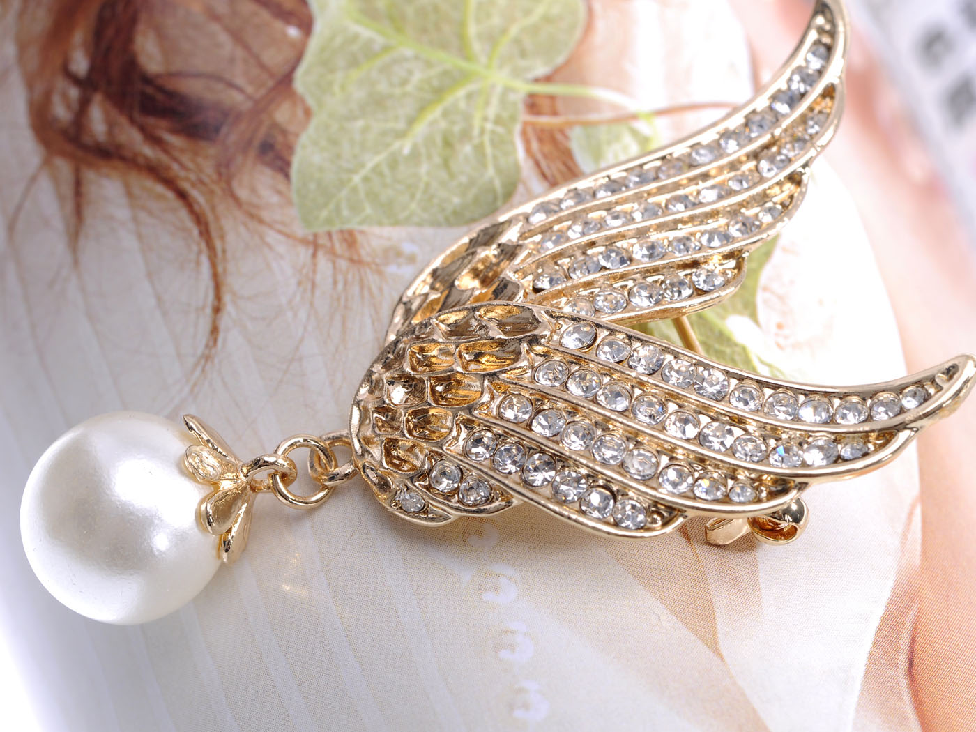 Gold Flying Angel Wings With Dangling Pearl Pin Brooch