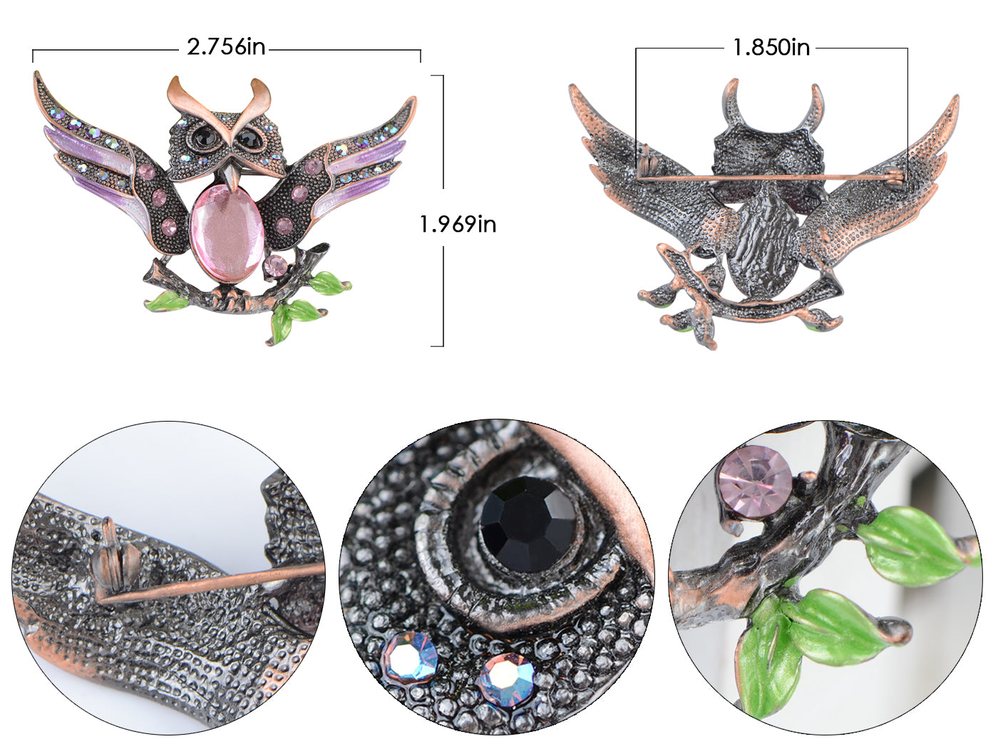 Antique Wise Owl On Branch Painted Enamel Bird Brooch Pin