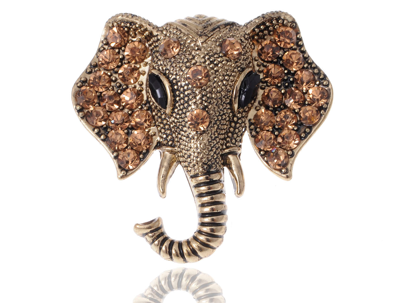 Antique Bronze Lucky African Elephant Head Brooch Pin With Dark Topaz