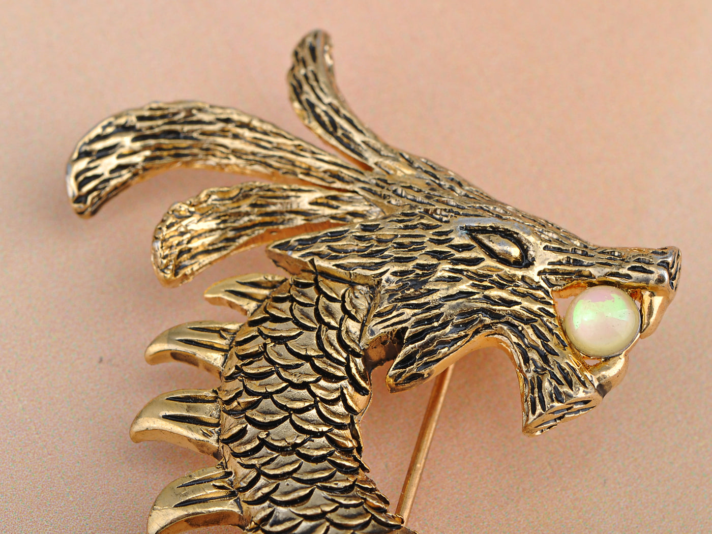 Gold Pearl Ancient Zodiac Dragon Monster Brooch Pin