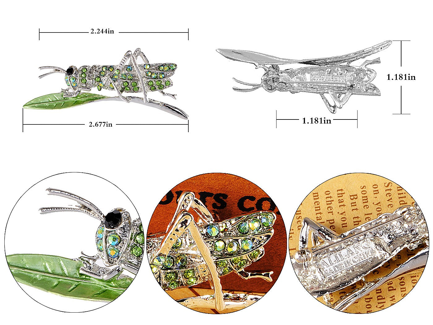 Peridot Green Insect Grasshopper Locust Leaf Big Pin Brooch