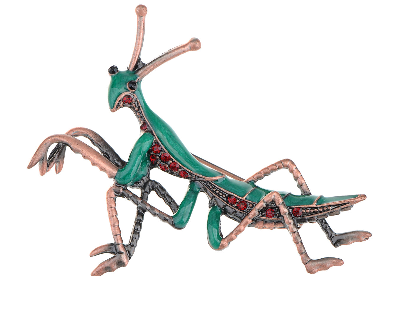 Copper Ruby Red Colored Green Mantis Insect Brooch Pin