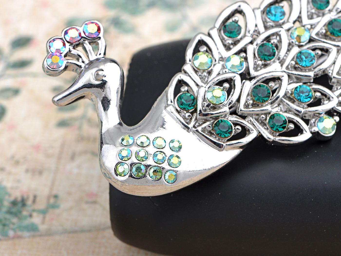 Emerald Ab Iridescent Blue Feather Peacock Brooch Pin