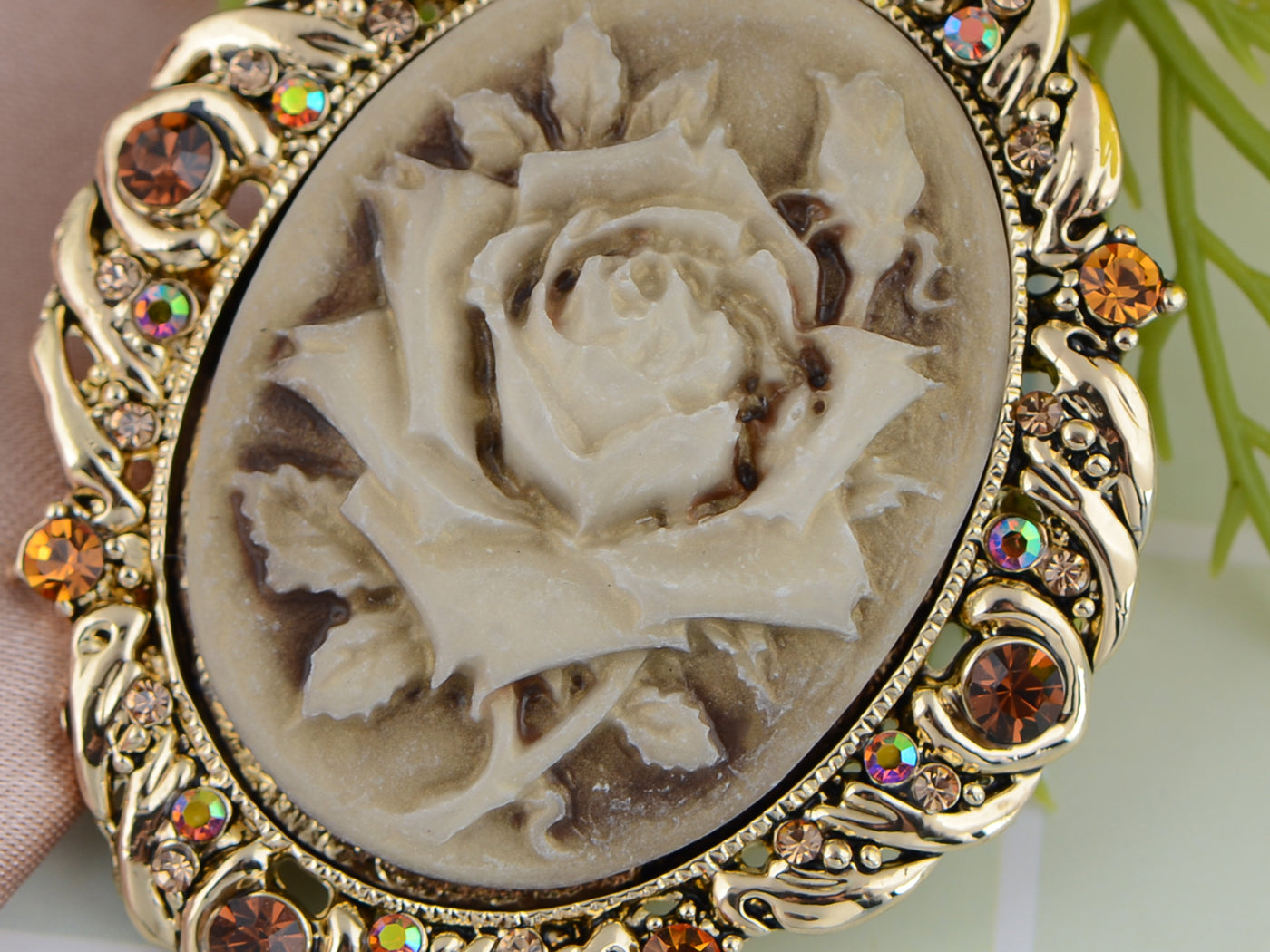 Vintage Antique Reproduct Rose Pink Flower Cameo Pin Brooch