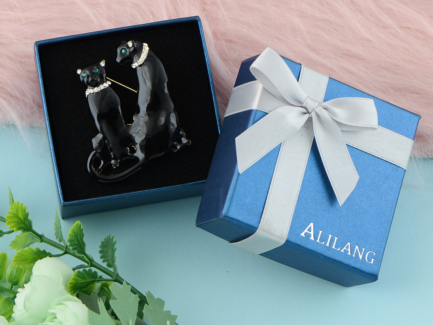 Tuquoise Blue Eyed Spotted Leopard Family Twin Lover Brooch Pin - ALILANG.COM