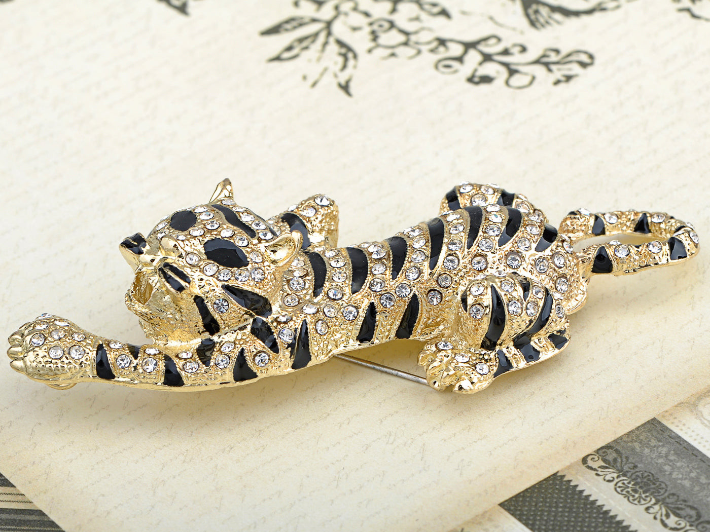 Gold Stripe Tiger Cat Brooch Pin