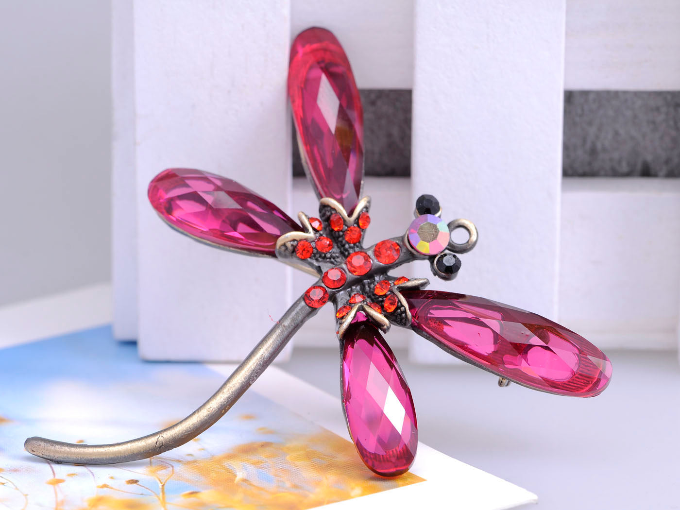 Craft Ruby Red Light Siam Jewel Dragonfly Tiny Brooch Pin Pendant
