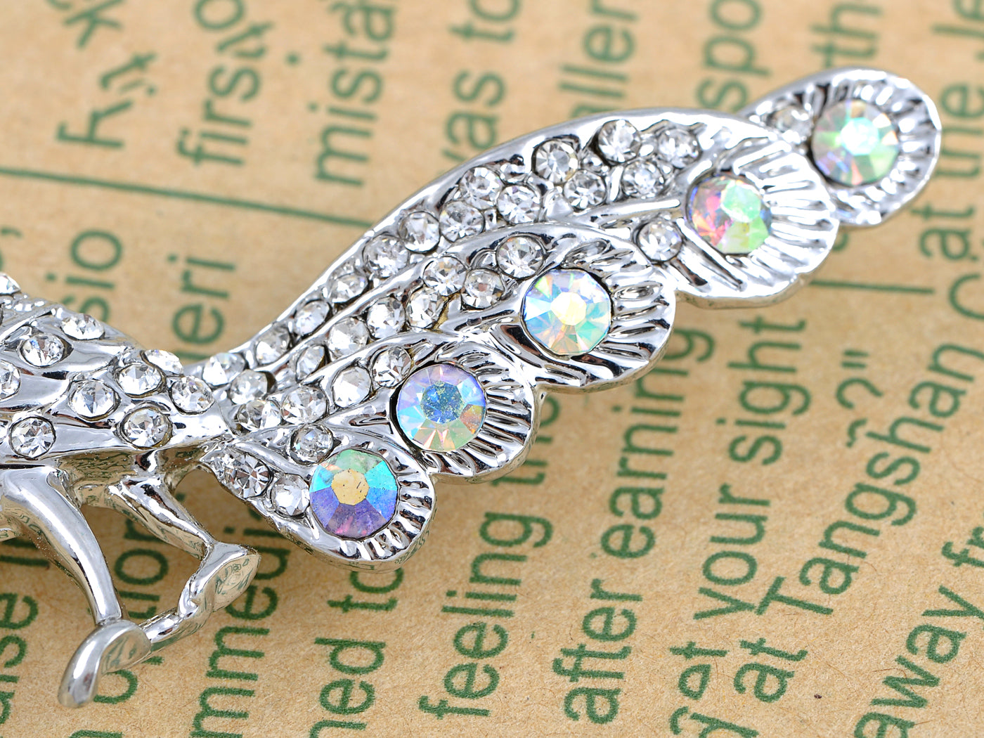 Silver Peacock Bird Iridescent Tail Feather Brooch Pin