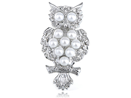 Silver Pearl Bead Alien Owl Bird Branch Pin Brooch