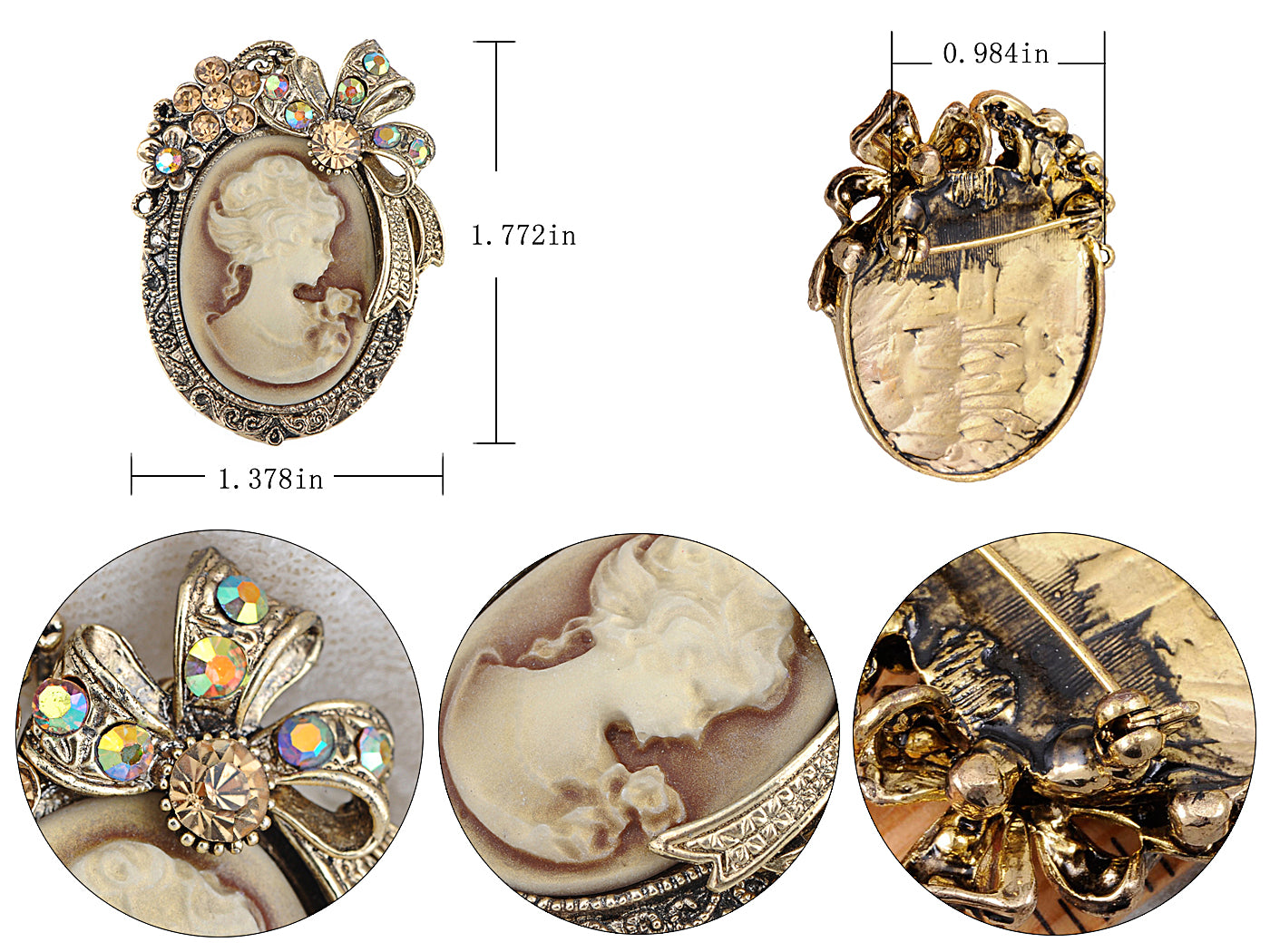 Vintage Victorian Lady Cameo Brooch Pin Maiden Flower Ribbon Bow Pendant