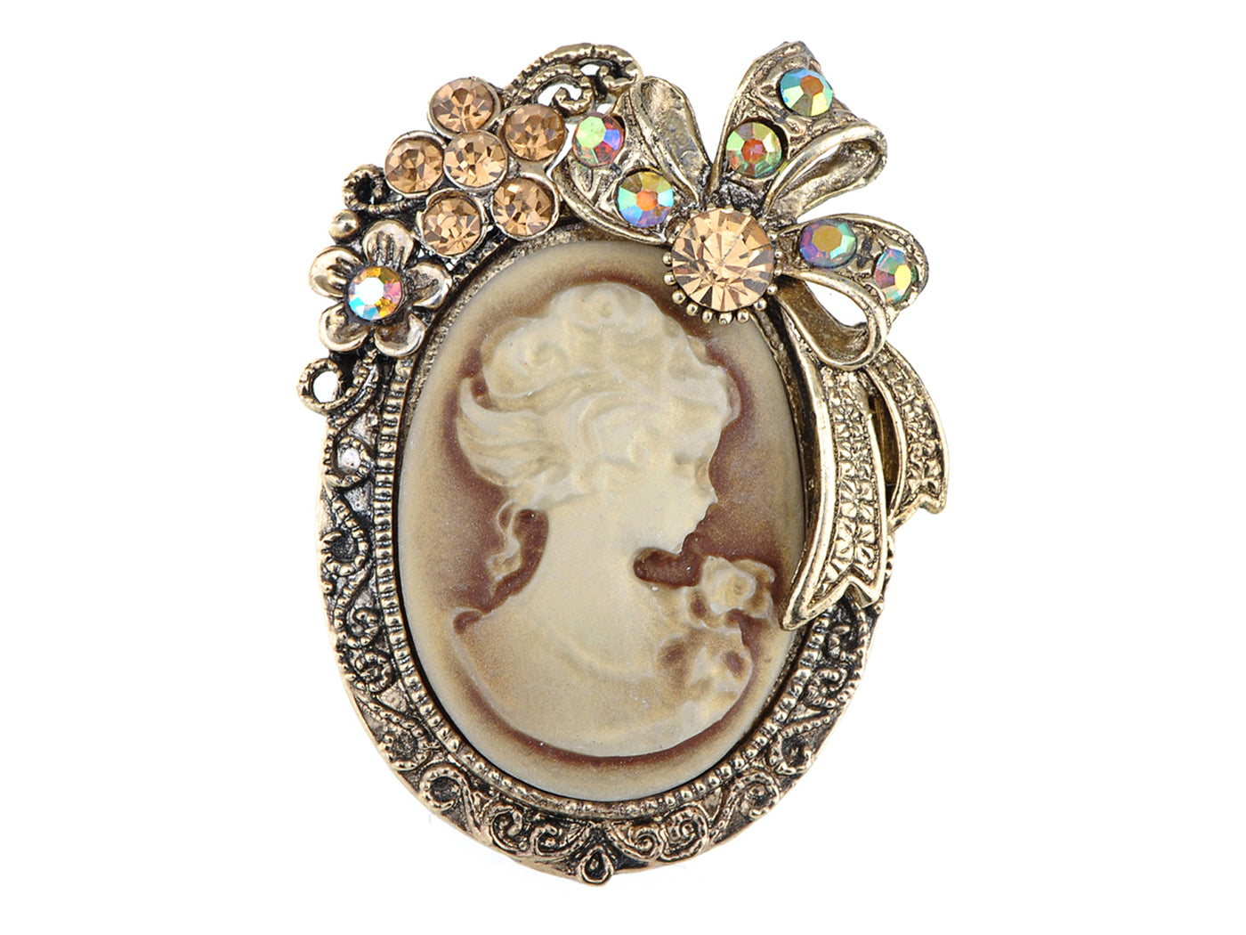 Vintage Victorian Lady Cameo Brooch Pin Maiden Flower Ribbon Bow