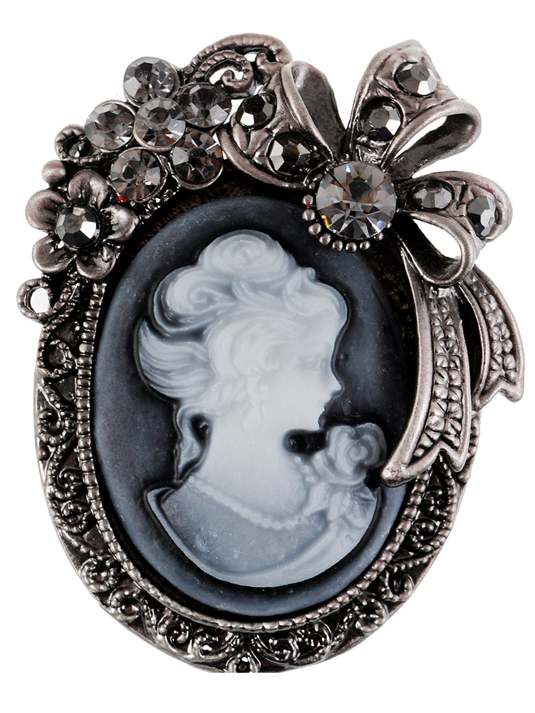 Vintage Victorian Lady Cameo Brooch Pin Maiden Flower Ribbon Bow Pendant