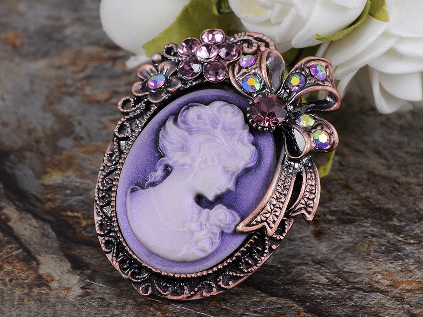 Vintage Victorian Lady Cameo Brooch Pin Maiden Flower Ribbon Bow Pendant