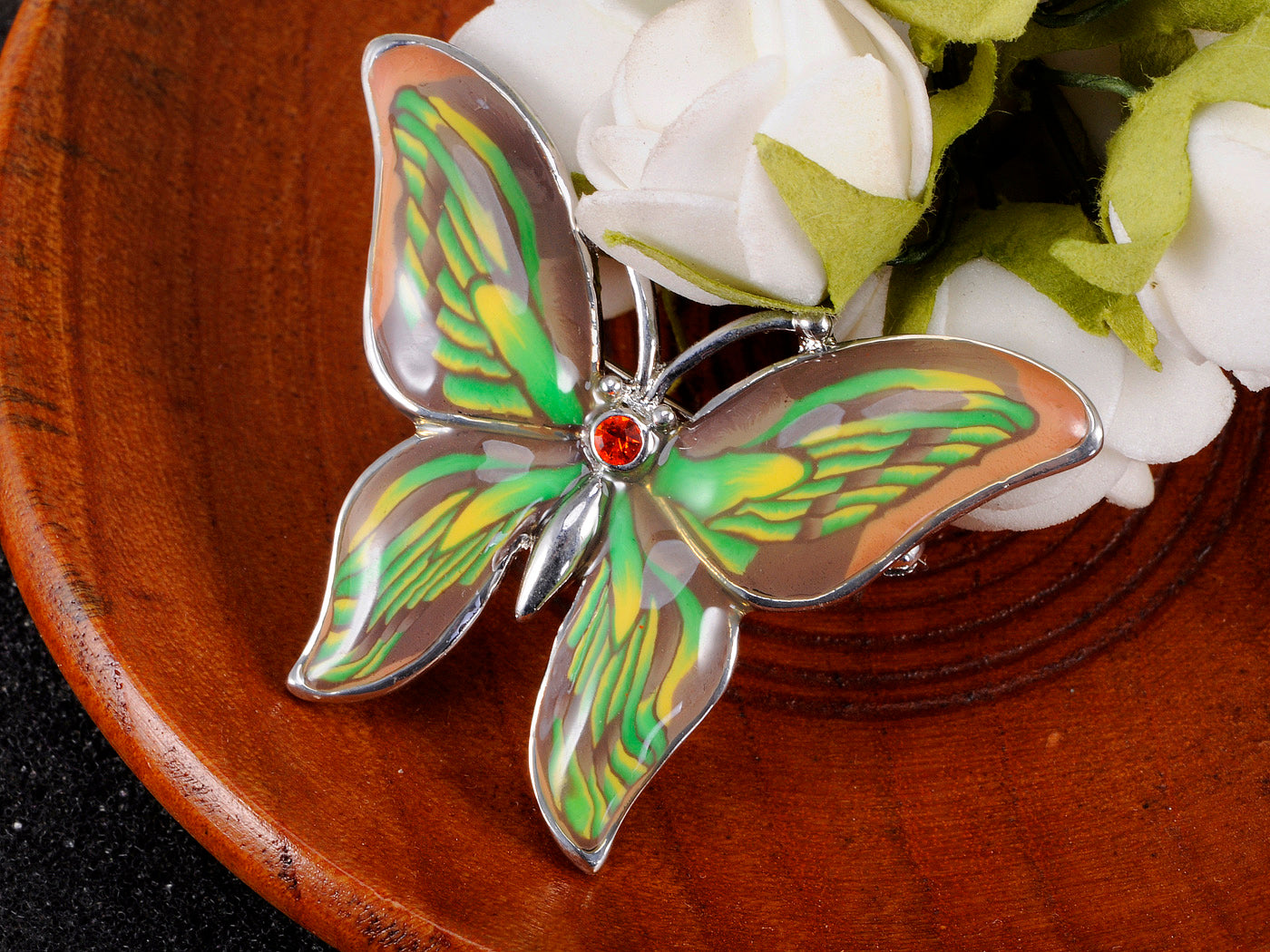 Green Brown Boho Butterfly Brooch Pin