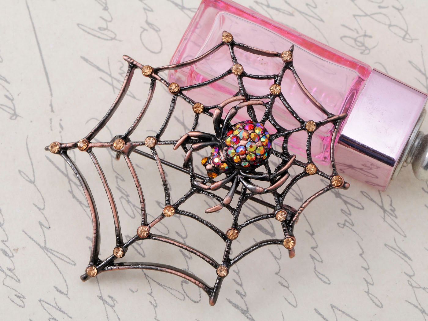 Copper Light Topaz Colored Antique Spider Web Brooch Pin