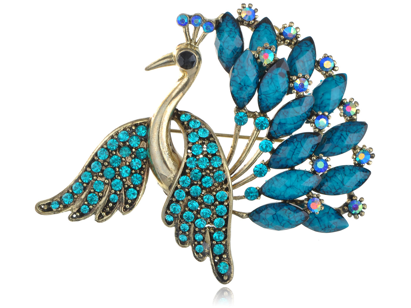 Antique Turquoise Blue Gem Peacock Bird Brooch Pin