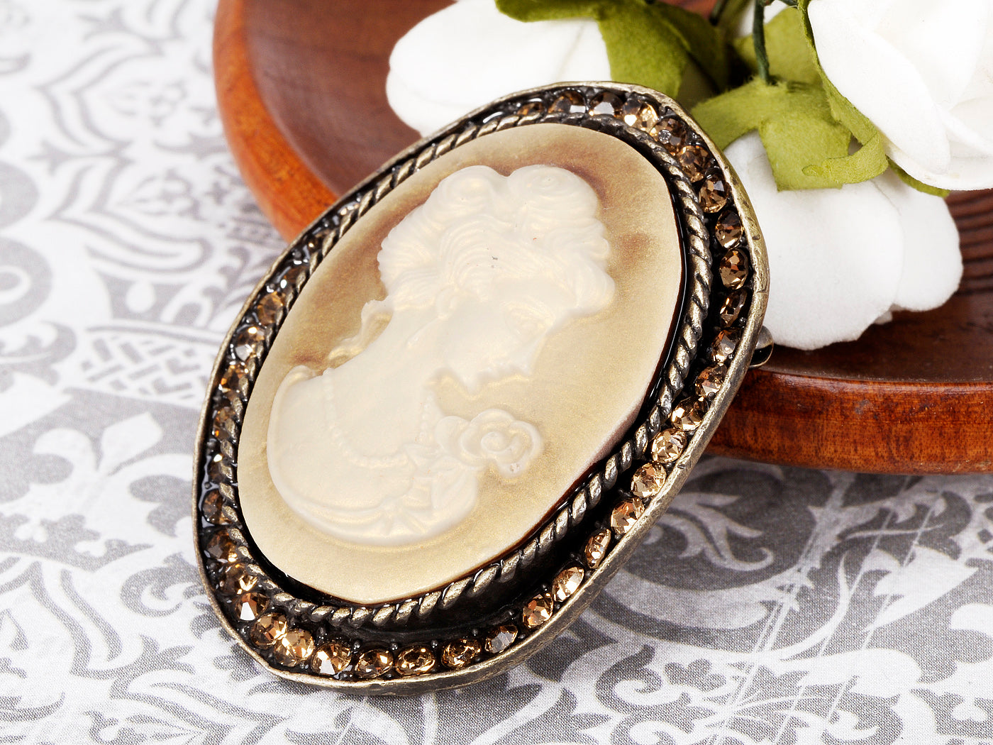 Gorgeous Orange Brass Topaz Maiden Cameo Brooch