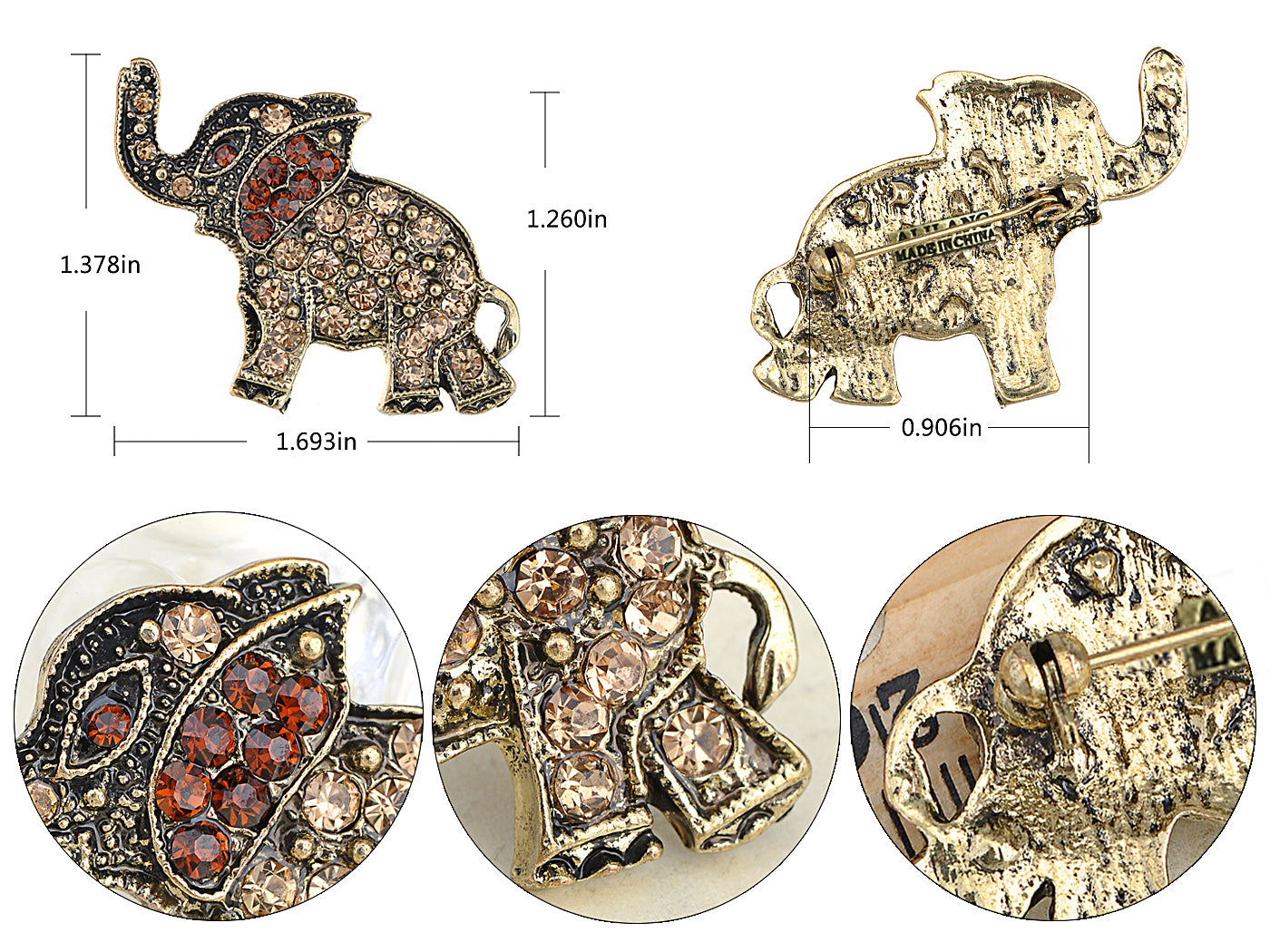 Antique Bronze Brass Topaz Elephant Pin Brooch - ALILANG.COM