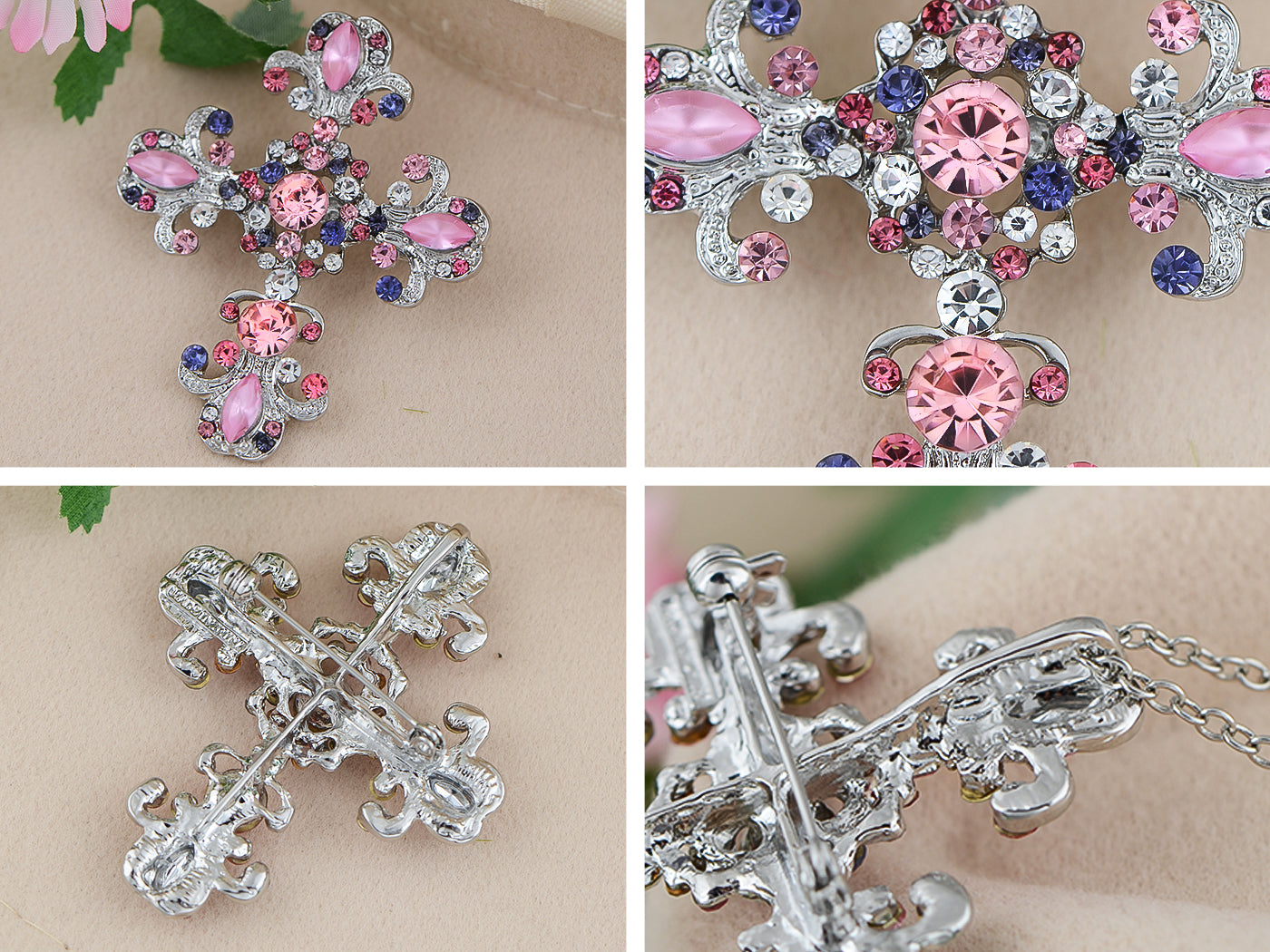 Antique Shine Pink Purple Pastel Holy Cross Brooch Pin