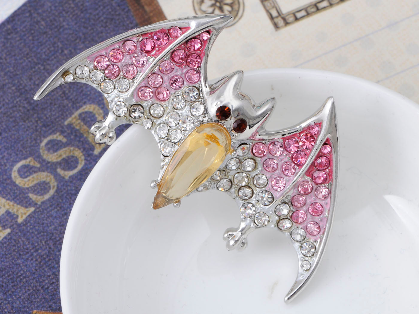 Silver Halloween Ombre Pink Vampire Bat Wing Animal Brooch Pin