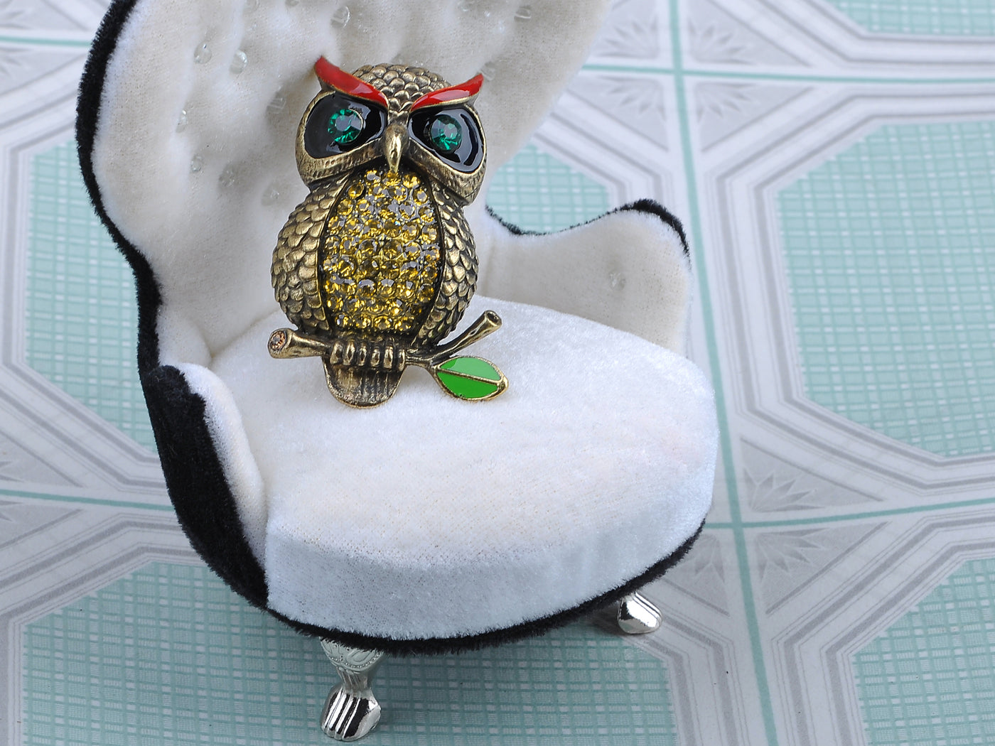 Light Blue Little Owl Hoot Bird Branch Brooch Pin