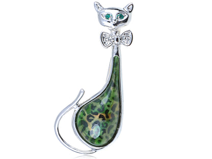 Elements Green Leopard Bodied Bow Tie Kitty Cat Pin Brooch