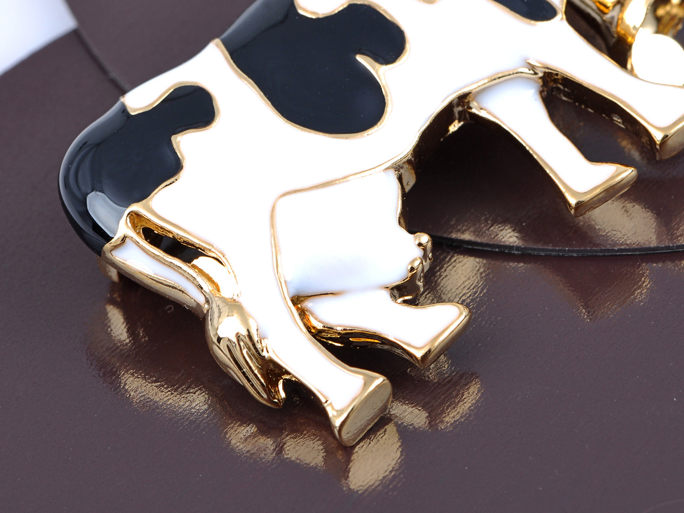 Black White Painted Enamel Farm Animal Cow Bovine Cattle With Bell Brooch Pin