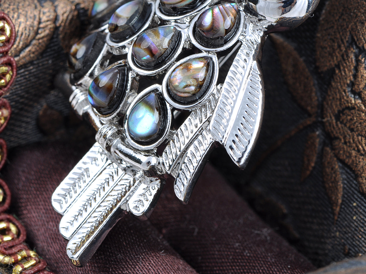 Abalone Shell Feather Chest Wings Owl Black Pin Brooch