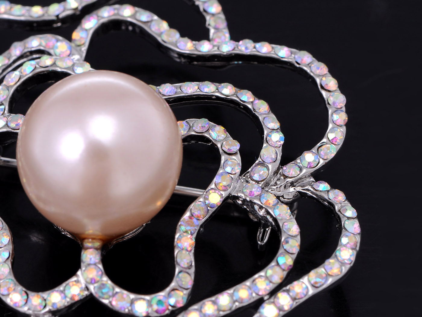 Aurora Borealis Flower Rose Stencil Pearl Pin Brooch