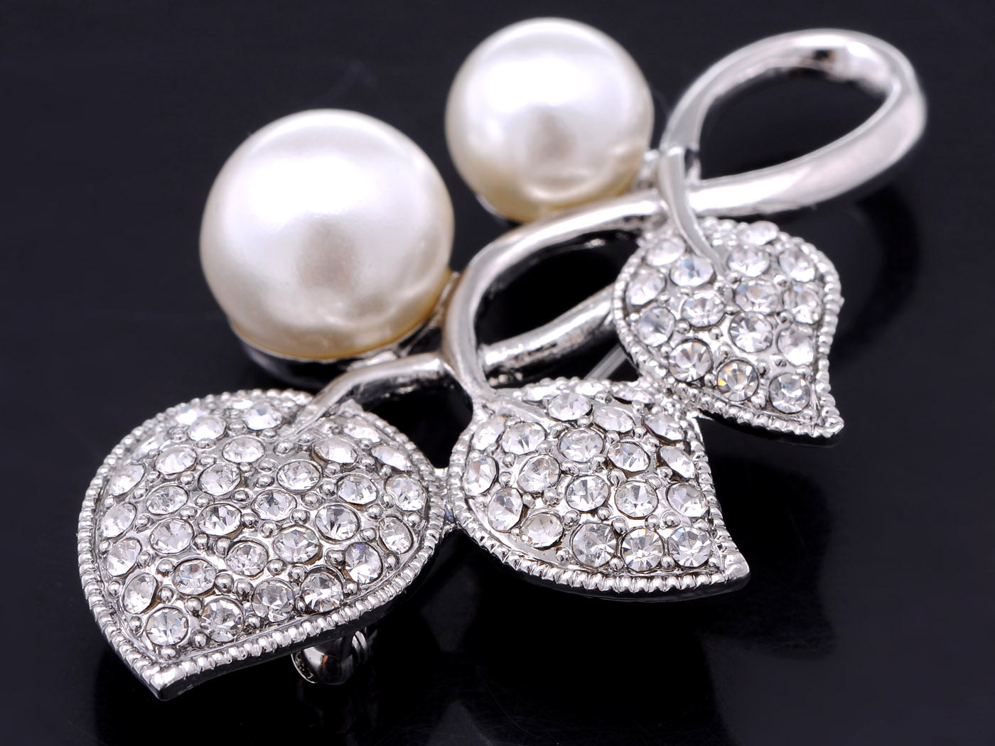 Pearl And Accented Trio Of Leaves Pin Brooch