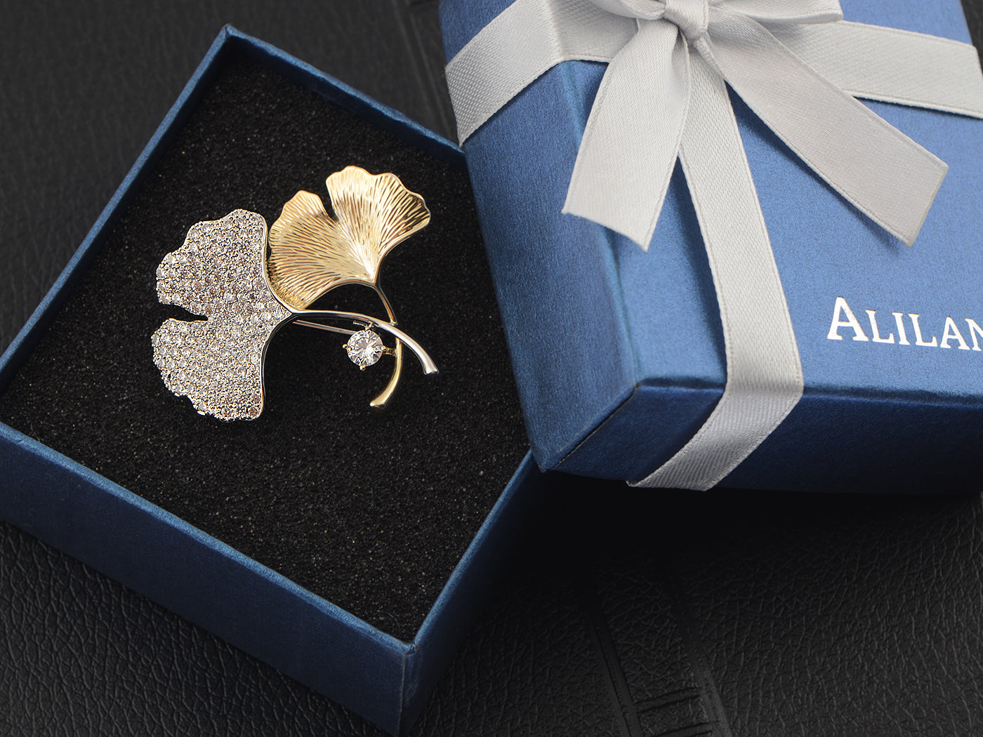 Gold Silver Zirconia Cubic Copper Plated Ginkgo Leaf Brooch Pin