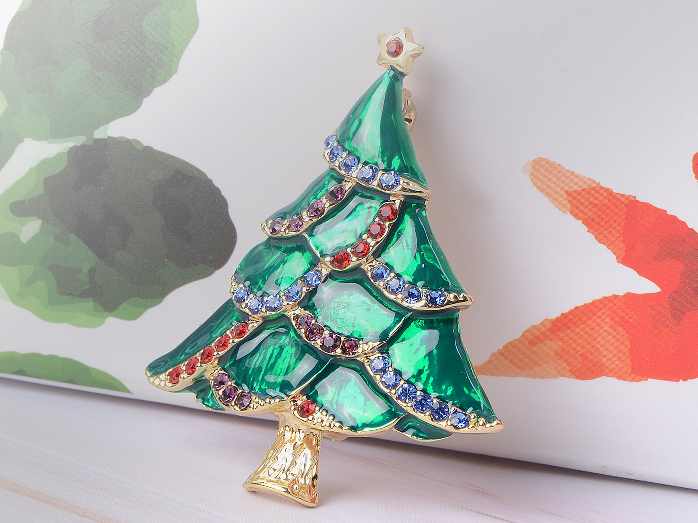 Multicolor Green Holiday Christmas Tree Star Brooch Pin