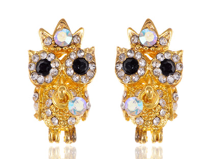 Cartoon Wide Eye Topaz Crown King Owl Stud Earrings