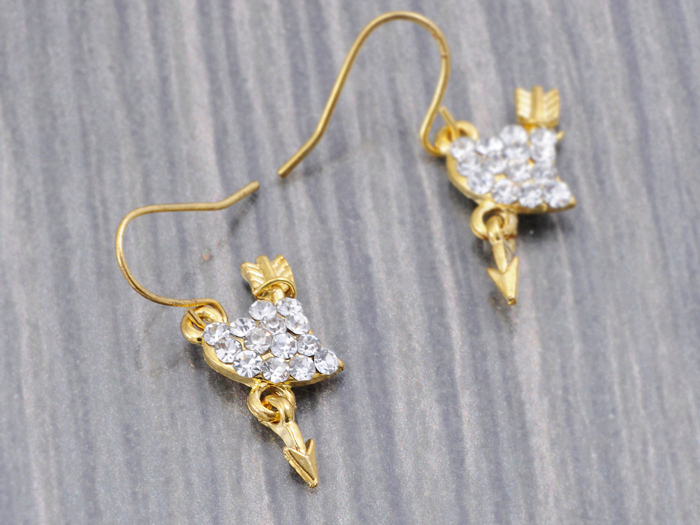 Cupid Arrow Through Heart Gold Real Drop Earrings