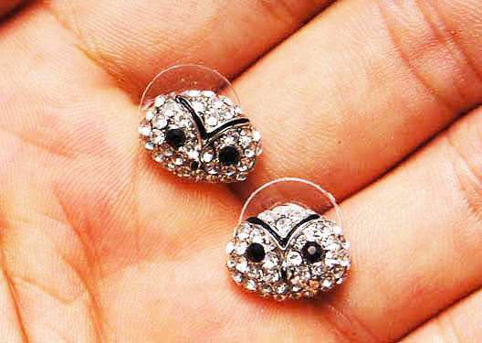 Ice Bling Hooter Owl Bird Round Head Czech Stud Earrings