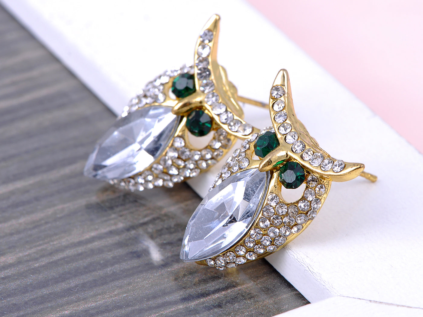 Emerald Eye Marquis Body Owl Bird Stud Earrings