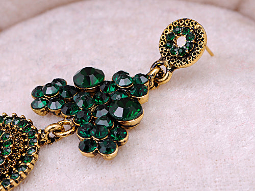 Asia Ethnic Tribal Design Emerald Flower Dangle Drop Earrings