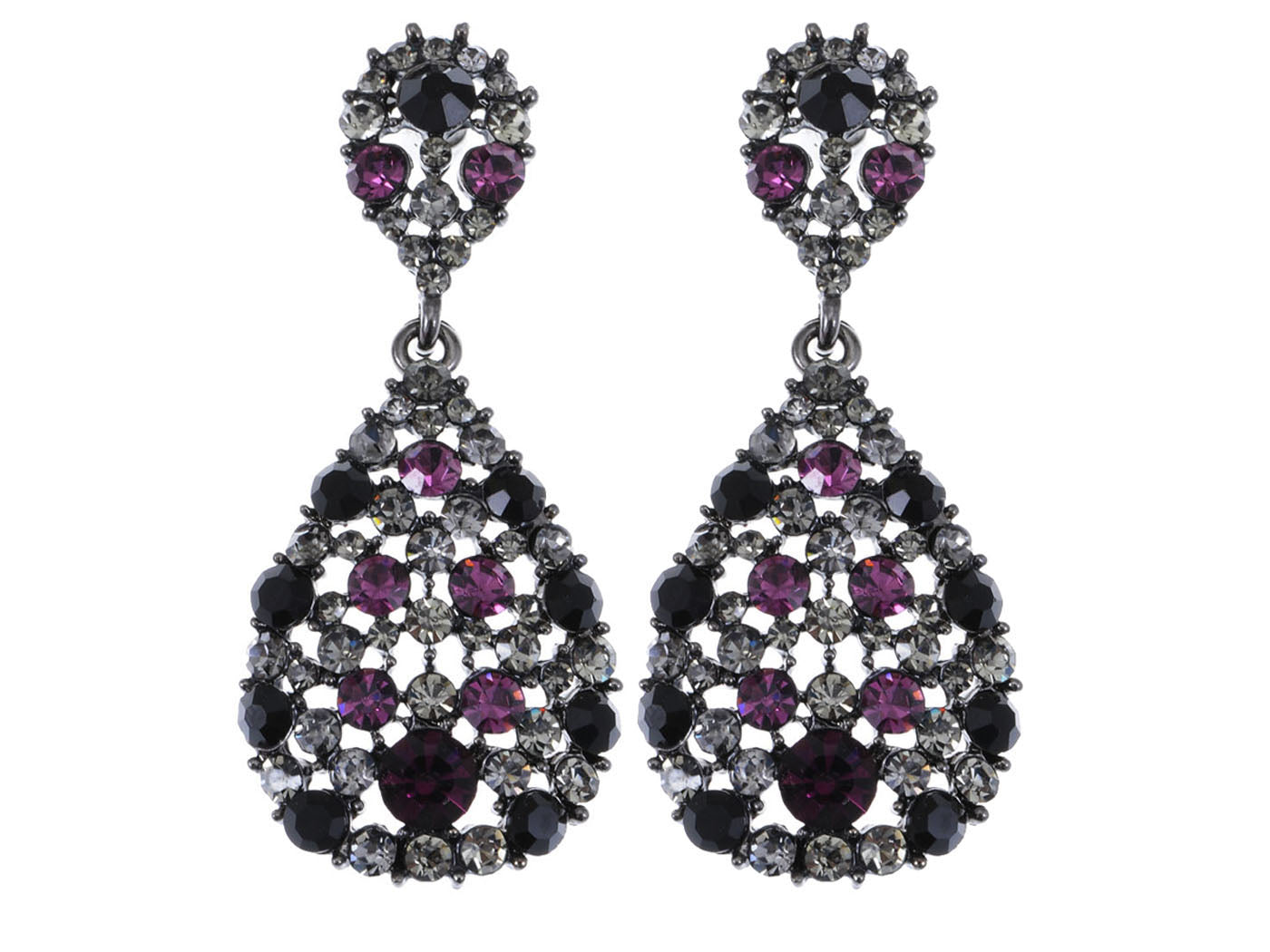 Purple Jet Jewel Encrusted Dangle Tear Drop Earrings