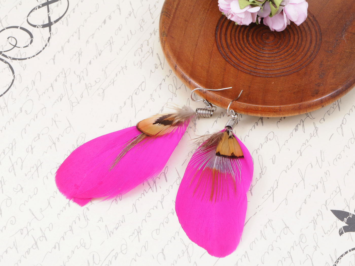 Neon Hot Pink Brown Boho Retro Feather Dangle Drop Hook Earrings