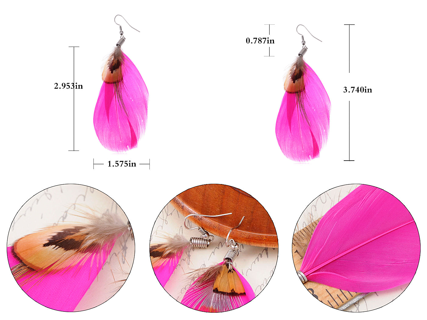 Neon Hot Pink Brown Boho Retro Feather Dangle Drop Hook Earrings