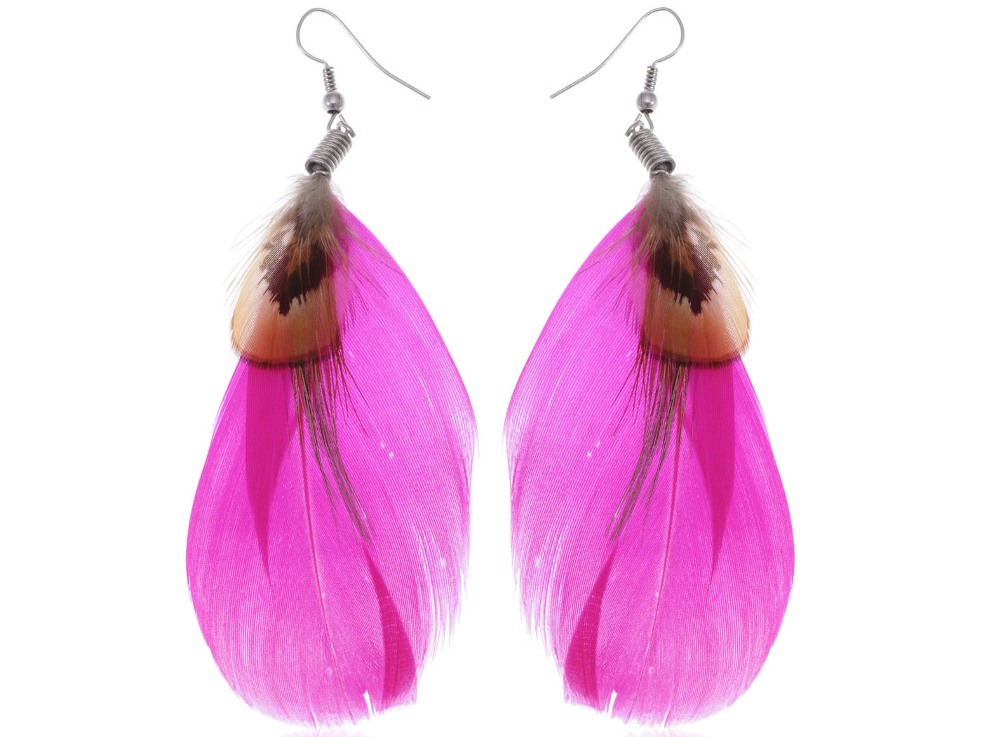 Neon Hot Pink Brown Boho Retro Feather Dangle Drop Hook Earrings