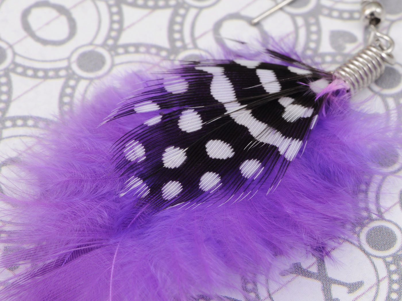 Purple Polka Dotted Diva Lavender Bright Bird Feather Fish Hook Trend Earrings